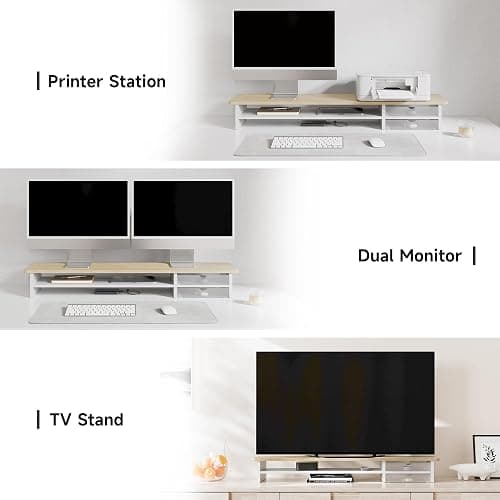 Fenge Dual Monitor Stand Riser with 2 Acrylic Storage Drawer 108cm Large Monitor Stands for PC/Laptop/Fax/Printer/TV Screen, Whole Piece Board, Oak+White thumbnail 7