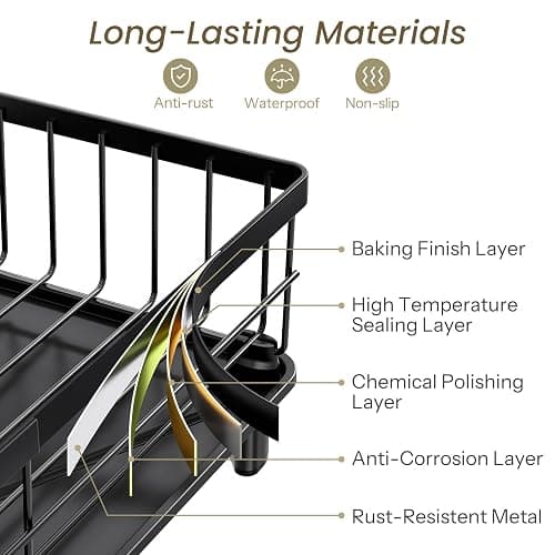 SNTD Dish Drying Rack - Small Dish Rack for Kitchen Counter, Stainless Steel Dish Drainer with Utensil Holder and Drainboard, 11" W x 15" L (Black) thumbnail 5