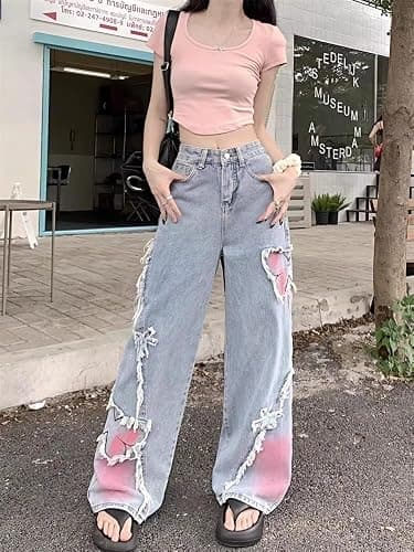 Y2K Baggy Ripped Jeans for Women – Wide Leg Butterfly Print & Star Patch Distressed Denim Pants High Waist Streetwear thumbnail 3