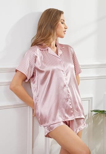 Brezzistaxs Silky Satin Pajamas for Women, Soft Short-Sleeve Button-Up Top Drawstring Shorts - Classic Pinstripe Satin PJ Set thumbnail 2