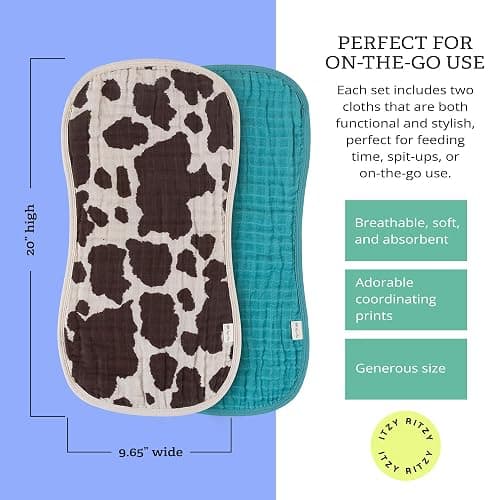 Itzy Ritzy Set of 2 Baby Burp Cloths – Ultra-Soft Absorbent Burping Cloths for Babies - Made of 100% Cotton Muslin and Generously Sized with Trendy Coordinating Prints – Machine Washable (Cow Print) thumbnail 2