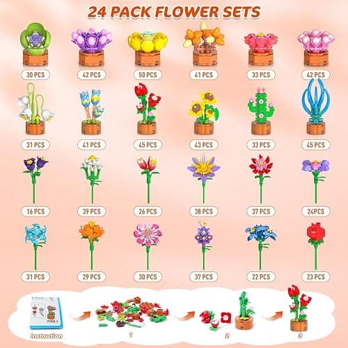 24 Pack Flowers Party Favors for Kids Building Set - 827PCS Succulents 3.6MM Mini Building Blocks Toy for Easter Basket Stuffers, Classroom Prizes, Mother's Day Birthday Gift for Girl Boy Ages 6+ thumbnail 6