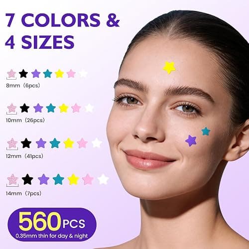 DATISEP Pimple Patches for Face, 560 Counts Star Acne Patches, 7 Colors Cute Spot Stickers for Zits, Hydrocolloid Breakouts with Salicylic Acid, Tea Tree Oil & Calendula Oil (8mm, 10mm, 12mm & 14mm) thumbnail 2