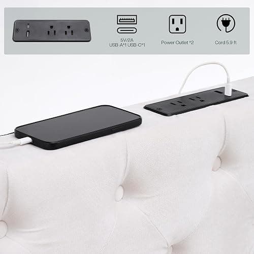 Jocisland Queen Canopy Bed Frame Velvet Upholstered Headboard, Cream | 74.8" Tall Four Poster, Deep-tufted velvet, 51.2" headboard, USB-A & USB-C outlets, No box spring needed, 45-min assembly thumbnail 7