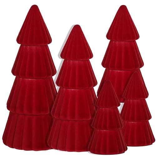 Red Christmas Decorations Indoor- Set of 5 Velvet Red Christmas Trees - Tabletop Christmas Decor Xmas Table Decorations for Mantel Home Decor - Image 1
