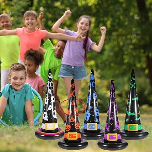 Yeepoo Halloween Ring Toss Game Set, 5Pcs Inflatable Witch Hats with 10Pcs Colorful Plastic Rings and Air Pump for Halloween Party Games Super Fun Indoor Outdoor Party Supplies thumbnail 2
