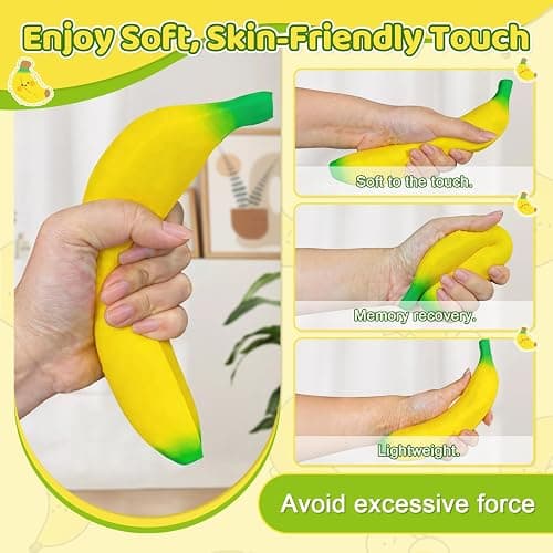 2Pcs Banana Squishy, Soft PU Foam Squeeze Fidget Set with Big & Mini Bananas, Fake Fruit Squishies for Stress Relief, Cute Novelty Gift for Adults Office Home Decor thumbnail 5