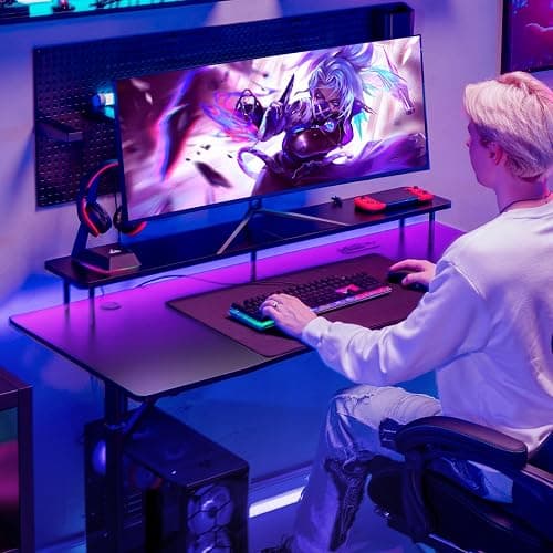 GTRACING 55 Inch Gaming Desk with LED Lights & Power Outlet, Computer Gamer Desk with Monitor Stand, Ergonomic Gaming Table Carbon Fiber Home Office Desk with Mouse Pad & Headphone Hook, Dark Black thumbnail 7