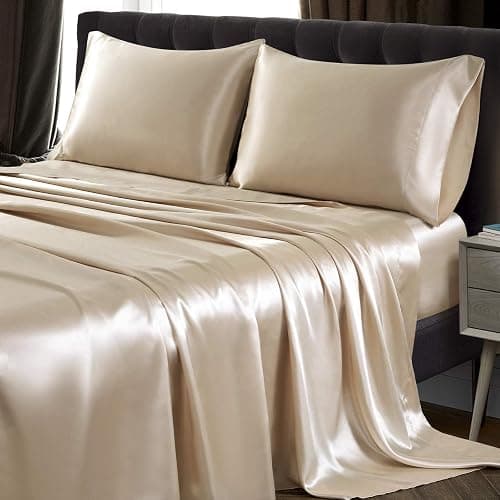 SiinvdaBZX 4Pcs Satin Sheet Set Queen Size 15-Inch Deep Pocket, Beige | Ultra Silky Soft Satin Bed Sheets Similar to Silk Sheets, Includes 1 Fitted Sheet, 1 Flat Sheet, 2 Satin Pillowcases thumbnail 2