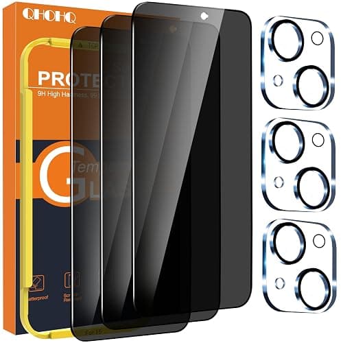 QHOHQ 3 Pack Privacy Screen Protector for iPhone 15 [6.1 Inch] with 3 Pack Camera Lens Protector, Anti Spy Tempered Glass Film, 9H Hardness, HD, Bubble Free, Case Friendly - Black - Image 1