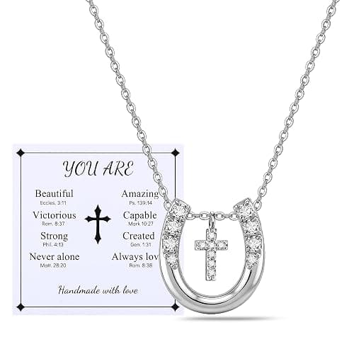 leejory Horse Gifts for Teens Women, Trendy Christian Religious Good Luck Protection Stuff Spiritual Gift for Women Faith and Horses Lover, 17.5in+2in Cross Horseshoe Necklace Female Friend Family - Image 1