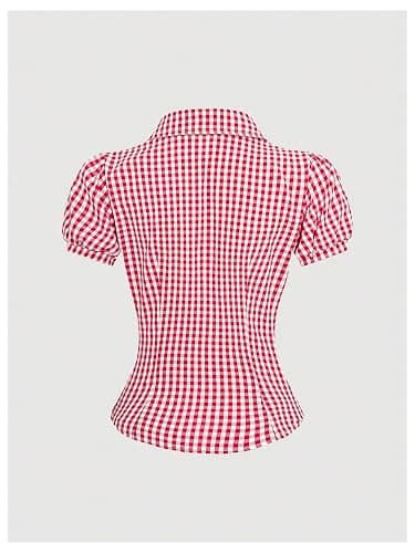 SweatyRocks Women's Y2K Short Puff Sleeve Button Down Fitted Gingham Plaid Crop Top Blouse thumbnail 2