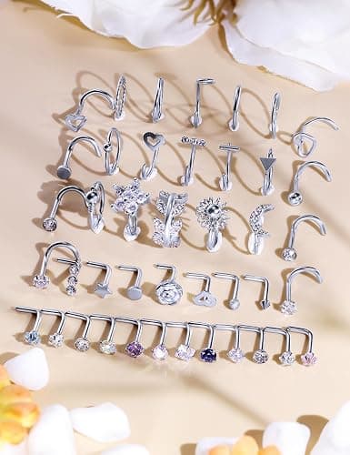 Kridzisw 18G 20G Nose Rings Studs Hypoallergenic 316L Surgical Steel L Shaped Screw Nose Rings Hoops Silver Heart Star Diamond Nose Piercing Jewelry for Women Men 42pcs thumbnail 5