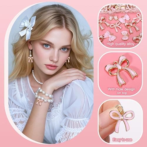 Solldgt 50 Pcs Pink Bow Charms for Jewelry Making - Cute Bowknot Charms Alloy Enamel Bow Tie Pendants Charm for Women DIY Making Bracelets Earrings Necklace Craft Supplies thumbnail 3