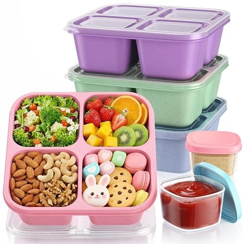 TIME4DEALS 4 Pack Divided Snack Containers, Reusable 4 Compartment Snack Containers Bento Box with 2Pcs Sauce Containers, BPA-Free Meal Prep Lunch Containers for Kids & Adults (School, Work, Travel) - Image 1