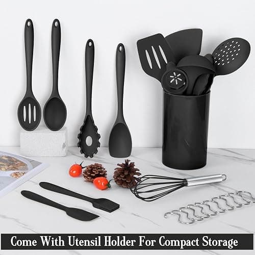 Onader Black Kitchen Utensils Set, 24 Pcs Silicone Cooking Utensils with 10 Hooks, Heat Proof Kitchen Tools Include Spatula Spoon Turner Tong for Non-Stick Cookware thumbnail 5