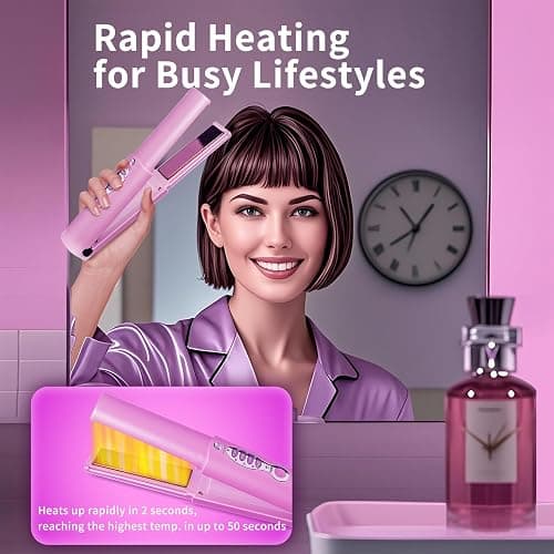 Madodioss Mini Cordless Hair Straightener and Curler 2 in 1 with Dual Voltage for Travel, Small Titanium Flat Iron for Short Hair, Portable, USB-C Rechargeable, Fast Heating, 5000mAh Battery, 3 Temp Settings (Shocking Pink) thumbnail 4