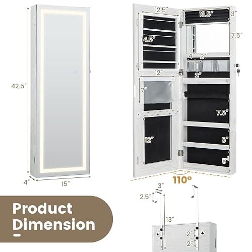 CHARMAID LED Mirror Jewelry Cabinet, Lockable Jewelry Armoire with Adjustable Lighted Full Length Mirror, 3 Lighting Sets, Wall Mounted Door Hanging Jewelry Storage Organizer (Grayish White, 42.5''H) thumbnail 3