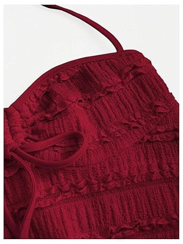 SOLY HUX Women's Peplum Halter Crop Tops Y2K Drawstring Tie Ruched Dressy Casual Spaghetti Strap Cami Top - Small - Pure Burgundy thumbnail 5