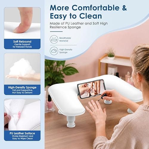 Manicure Arm Rest for Nails Tech: U-shaped Adjustable Nail Arm Rest with Phone Holder - Comfortable PU Leather Cover Nail Tech Arm Rest for Professionals Home & Salon - White thumbnail 3