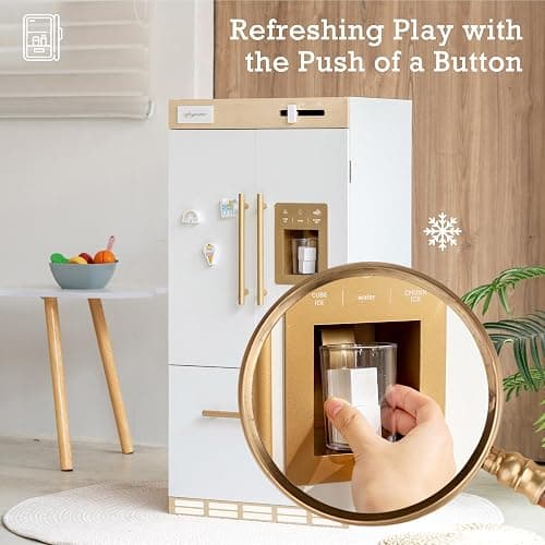 Wooden Play Kitchen Fridge – Interactive Ice Maker, Double Door Storage & Creative Fridge Magnets, Pretend Play Refrigerator for Boys & Girls 3+ thumbnail 5