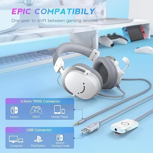 FIFINE USB PC Gaming Headset with 3.5mm Audio Jack, Detachable Microphone, 7.1 Surround Sound, Volume Control, Streaming Over-Ear Wired Headphones for Computer, PS5, Controller, Xbox-H9 White thumbnail 3