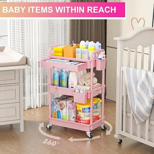 Goovilla 3 Tier Rolling Utility Cart Organizer with Removable Drawer, Stable and Sturdy Pink Rolling Storage Carts with 2 Lockable Wheels for Bathroom, Kitchen, Snack, Craft, Makeup, Baby Essentials thumbnail 6
