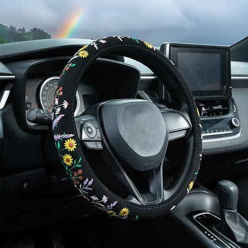 Embroidered Sunflower Lavender Cute Black Steering Wheel Cover, Auto Anti-Slip Breathable Steering Wheel Protector, Butterfly Floral Car Accessories for Women,Universal Size Fit Most Cars -15 inch - Image 1
