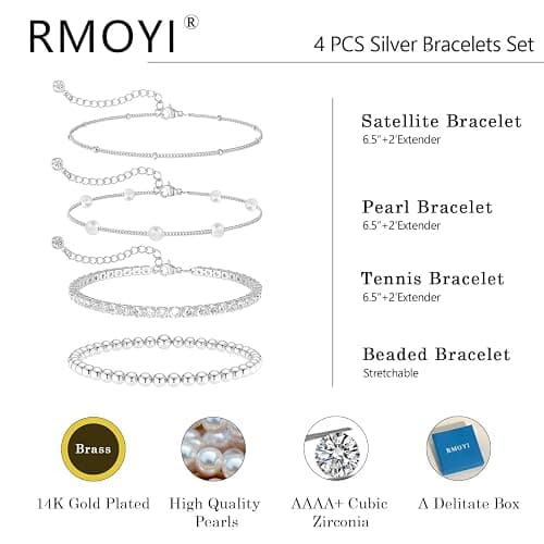 RMOYI Pearl Bracelets for Women Tennis Bracelet Dainty 14K Gold/Silver Plated Beaded Bracelets for Women Cubic Zirconia Bracelet Stack Pearl Jewelry Set thumbnail 4