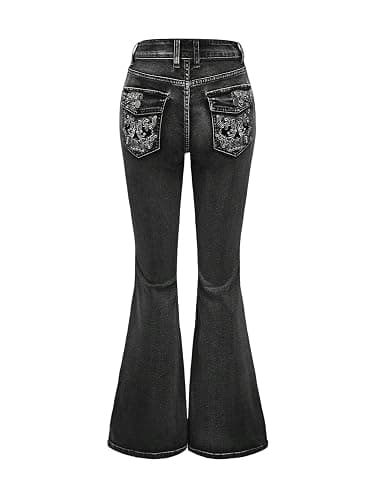 WDIRARA Women's Goth Punk Rhinestone Embroidered Flare Jeans Denim Pants | Bootcut,Bell-bottoms,Flared Trousers - Image 1