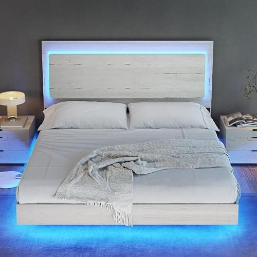 AMERLIFE Full Bed Frame, Farmhouse Floating Bed Frame with Recline Headboard, Platform Bed with LED Light, No Box Spring Needed/Noise Free, Distressed White thumbnail 7