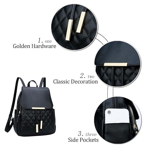 KKXIU Quilted Trendy Leather Backpack Purse for Women and Ladies Shoulder Travel Daypacks Bags (Black) thumbnail 4