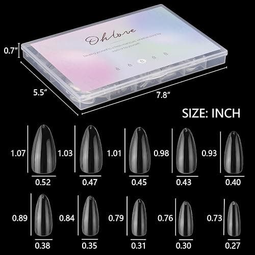 Almond Shaped Nail Tips 500Pcs Clear Acrylic Medium Nails Full Cover with Case for DIY Nail Art, 10 Sizes thumbnail 4
