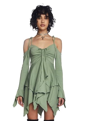 Dolls Kill F is for Fairies Dress by Current Mood | Fairycore Mini Dress with Off-Shoulder Sleeves, Tie Straps, and Ruched Bust - Image 1