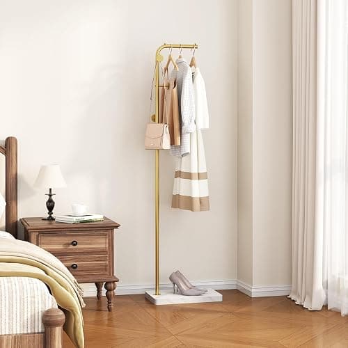HOMEFORT Metal Coat Rack, Modern Coat Tree with 3 Hooks, L Shaped Coat Hanger Stand, Freestanding Coat Rack for Entryway and Corner, Gold thumbnail 4