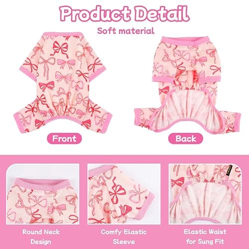 DaFuEn Dog Pajamas for Small Dogs, Soft Stretchy 4 Legs Puppy Jumpsuit, All Season Cozy Pet PJs for Chihuahua Yorkie Teacup Dogs, Cat Clothes (Pink Bow, L) thumbnail 3