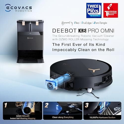 ECOVACS DEEBOT X8 PRO OMNI Robot Vacuum and Mop, 18000Pa, OZMO ROLLER Instant Self-Washing Mopping, 167℉ Hot Water Mop Washing, Auto Cleaning Solution Adding, Hot Air-Drying, Self-Emptying, Black thumbnail 9