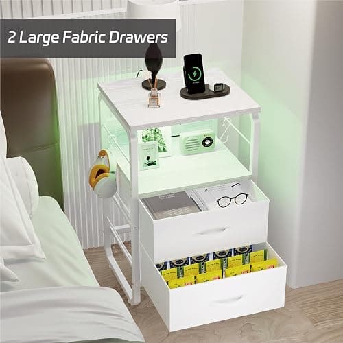 runjuly Night Stand with Charging Station, Bedside Table with Drawers, AC Outlets & USB C Ports, Bedroom Nightstand with Hooks, Metal End Table for Bedroom, Office, Dorm (White) thumbnail 4