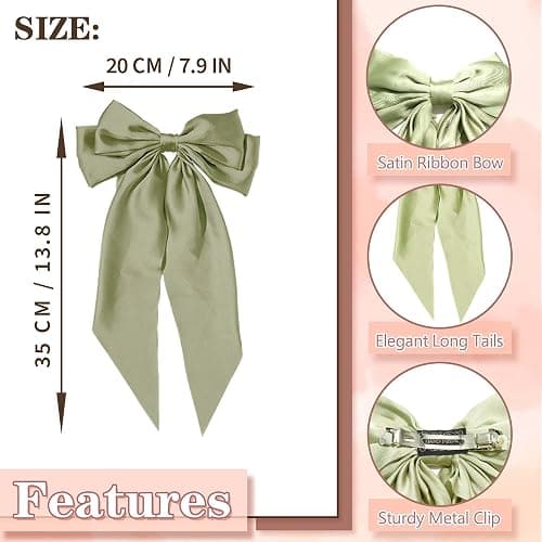STGDAK Hair Bow Clips Elegant Bows Sage Green Bows Satin Ribbon Bow Large Bowknot Barrette Metal Clips St. Patrick's Day Hair Accessories For Women Girls Mardi Gras thumbnail 4