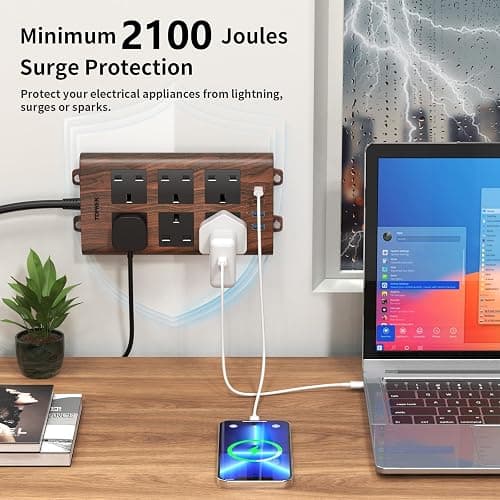 TOPREK Wood Grain 6 Way Extension Lead with USB Slots, Surge Protection, 2USB-A & 2USB-C & 1 Switch, 13A/3250W, Brown Extension Cable 2M for Home Office Kitchen thumbnail 3