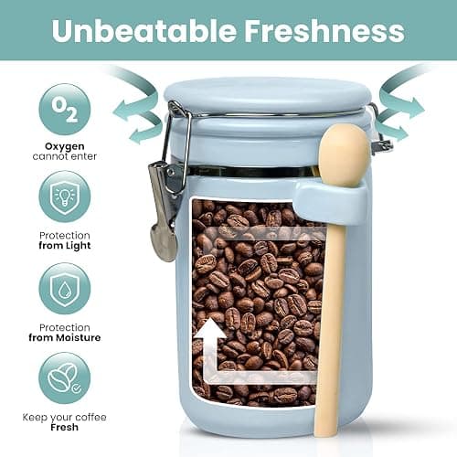 Home Intuition 4-Piece Ceramic Kitchen Canisters Set, Airtight Containers with Wooden Spoons Reusable Chalk Labels and Marker for Sugar, Coffee, Flour, Tea (Light Blue) thumbnail 4