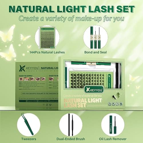 KEYYOU Natural Lash Clusters Kit 144Pcs DIY Lash Extension Kit Wispy Eyelash Extensions Kit D Curl 8-18MIX with Bond and Seal and tweezers with Thin Lash Band(KIT-N03-D-8-18MIX) thumbnail 2
