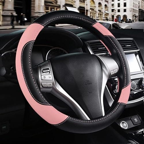 Leather Car Steering Wheel Cover, Non-Slip Car Wheel Cover Protector Breathable Microfiber Leather Universal Fit for Most Cars(Pink) - Image 1