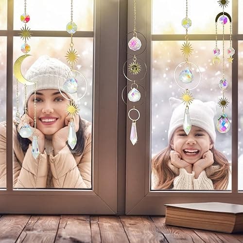 6Pieces Colorful Crystals Suncatcher Hanging Sun Catcher with Chain Pendant Ornament Crystal Balls for Window Home Garden Christmas Day Party Wedding Decoration - Gold thumbnail 5