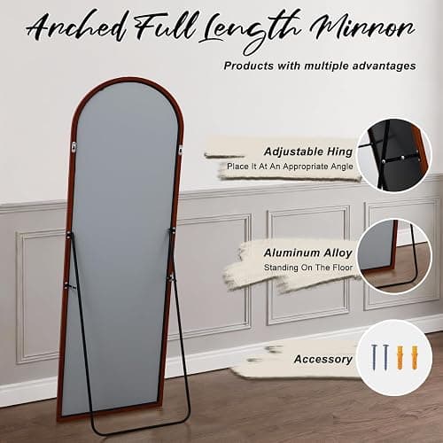 Reflix 147 x 44 cm Arched Full Length Mirror, Aluminium Frame with Walnut Wood Look, Freestanding Hanging Leaning Wall Mounted Full Length Dressing Mirror for Living Room, Bedroom thumbnail 5