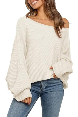 Mafulus Women's Oversized Crewneck Sweater Batwing Puff Long Sleeve Cable Slouchy Pullover Jumper Tops - Image 1