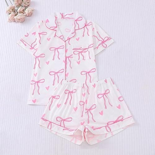Christmas Pajamas For Women Set,Button Down Short Sleeve Shirts And Shorts Set Soft Casual Cute Xmas Print Pjs Sleepwear thumbnail 4