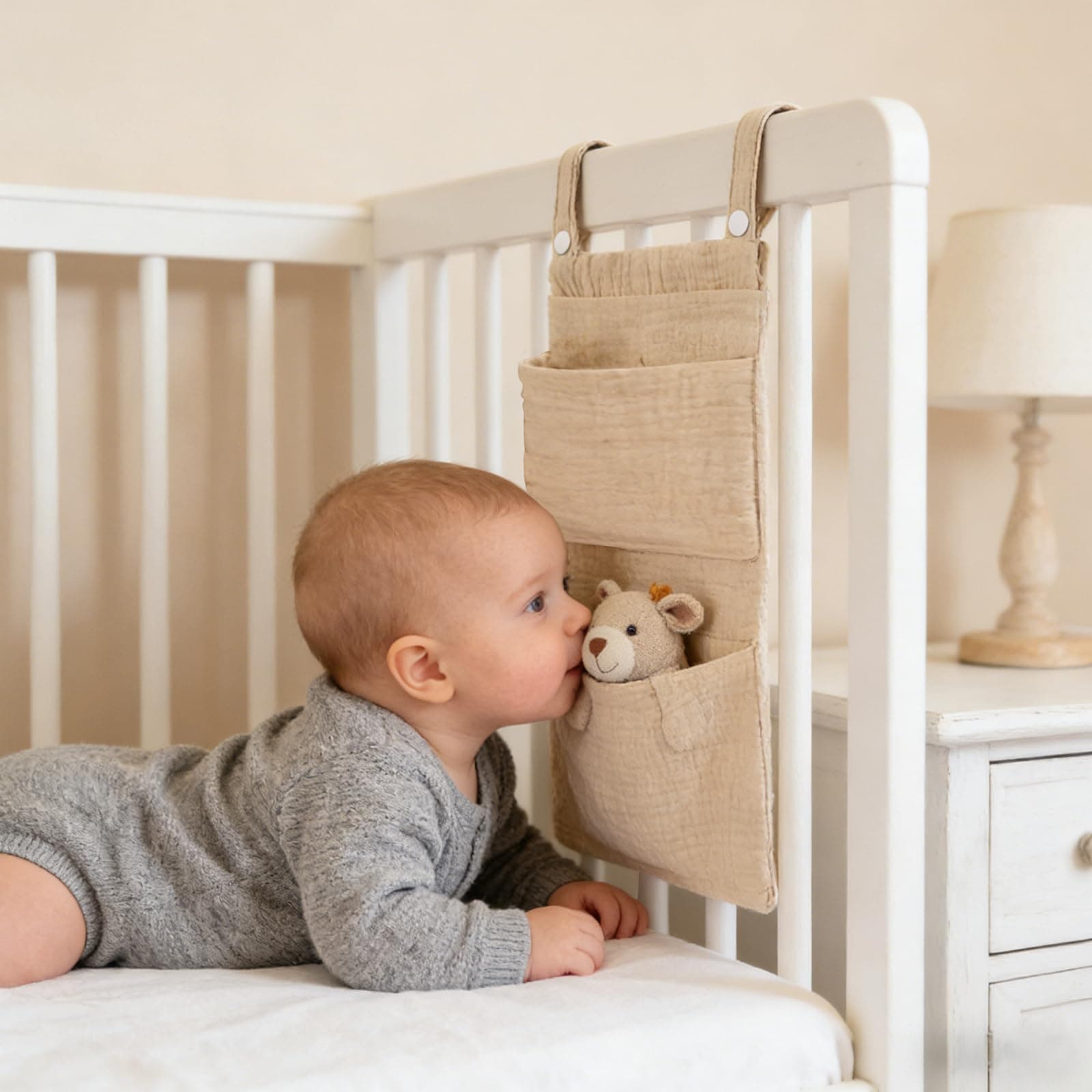 1-Pack Baby Crib Organizer, Hanging Storage Bag, Diaper Caddy, Attach to Crib Side for Diapers, Toys, Clothing, Khaki Color thumbnail 5