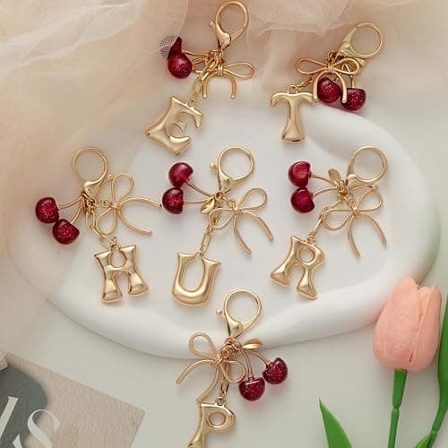 Snycler Bubble Initial Keychain with Bow & Cherry - Gold Letter Bag Charms for Women, Cute Purse Handbag Accessories thumbnail 3