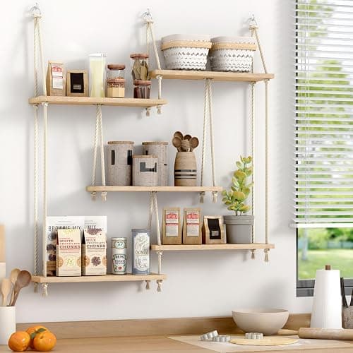 Hanging Shelf with Vine Lights 5 Tier Boho Plant Wall Shelf Floating Shelves Rope Rustic Wood Organizer Storage Hanger Rack for Wall Decor in Aesthetic Home Bedroom Kitchen (Five-tier rope rack) thumbnail 7